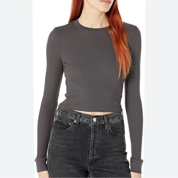 Monrow Thermal Gray Long Sleeve Minimalist Crewneck Boho Casual Top Sz Large - Picture 1 of 11